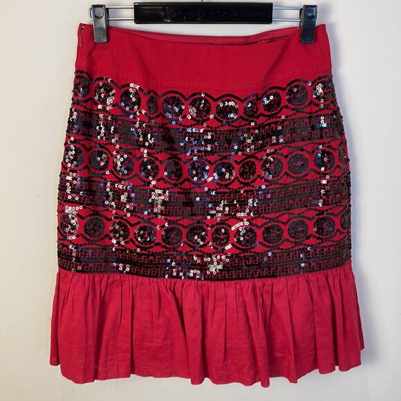 Anthropologie Moulinette Soeurs Red and Black Sequined Ruffle Suelta Skirt Sz 6 - Picture 4 of 9